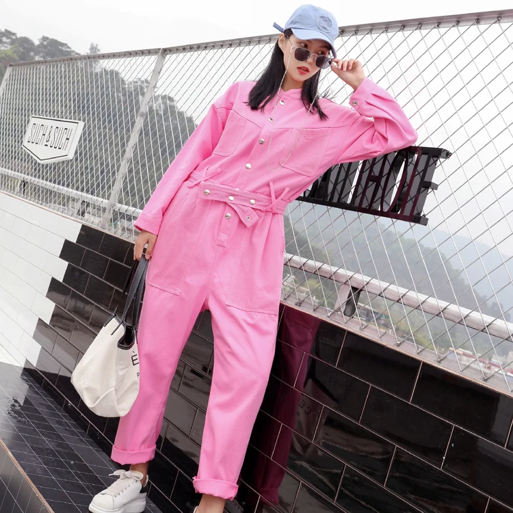 

2020 Cotton Sweatpants Casual Twill Pants Spring New Piece Trousers Loose Thin Long Sleeve Stand Collar Curling Jumpsuit Women