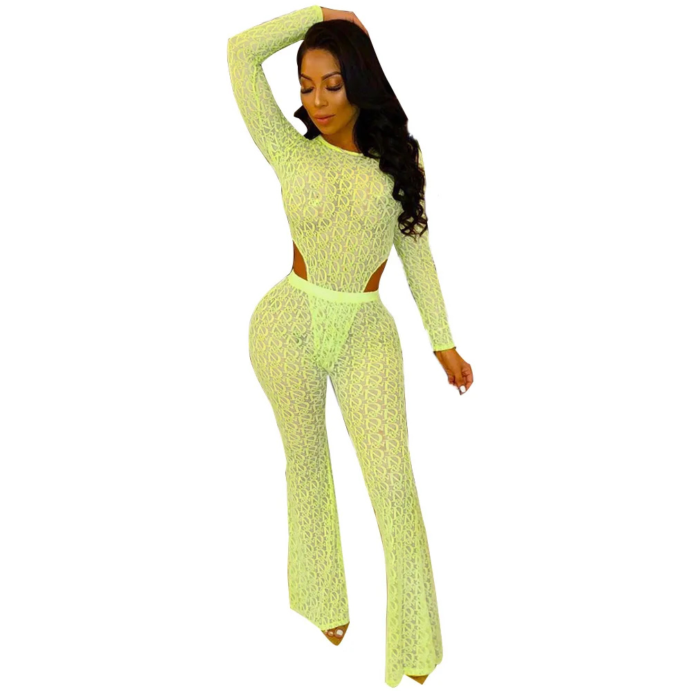 Женский кружевной Боди и расклешенные брюки облегающий комплект из 2 предметов