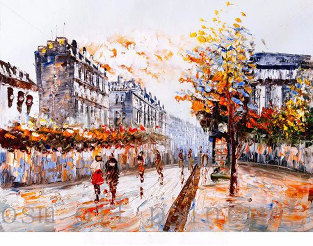 Top Hand Painted Unique Autumn Color Street View of Paris Palette Knife Oil Painting Decorative Handmade Artwork Canvas Pictures