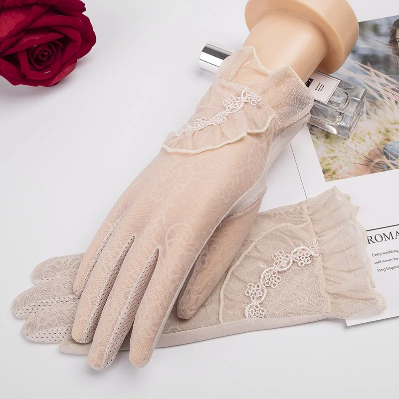 Side Ruffle Beige Кружевные летние солнцезащитные Короткие наручные перчатки, весенние модные перчатки с сенсорным экраном и УФ-защитой от солнца, перчатки для вождения автомобиля, вечерние женские перчатки Guantes Mujer - Цвет: Side Ruffle Beige