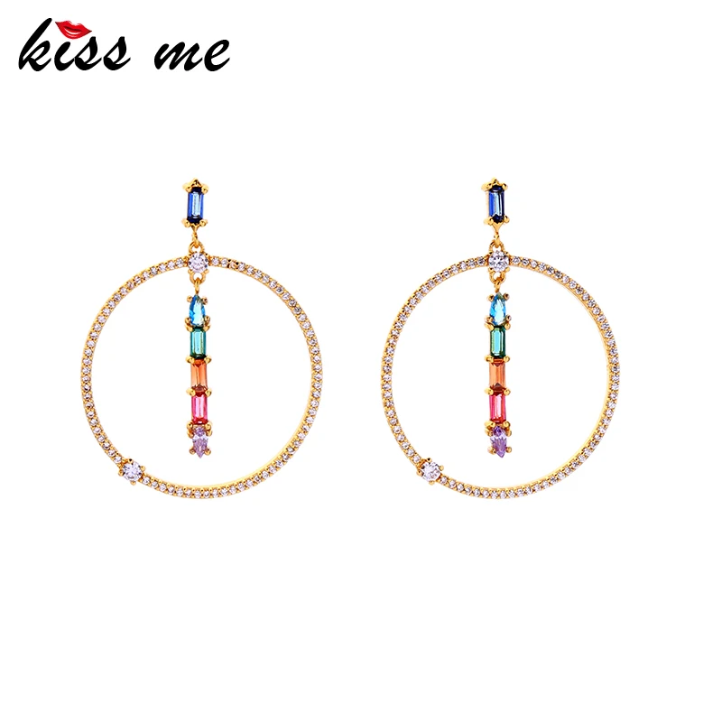 

kissme Luxury Multicolored Shiny Zircon Round Circle Drop Earrings For Women Gifts Gold Color Fashion Brass Jewelry Accessories