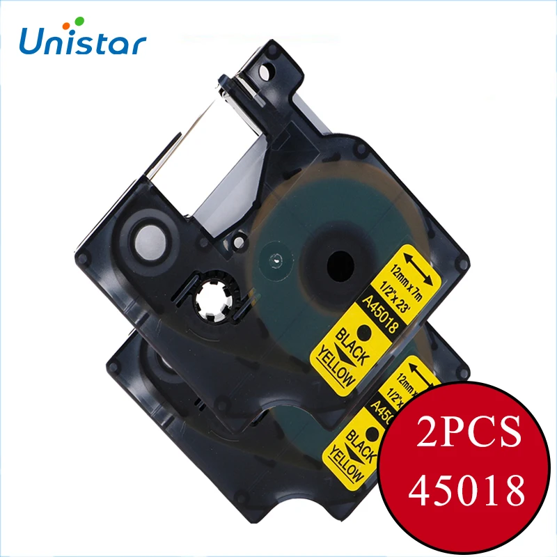 

UNISTAR 2PCS 45018 Black on Yellow Labels Ribbons Compatible for Dymo Label for D1 Tape LabelManager 210D 12mm Labels for Dymo