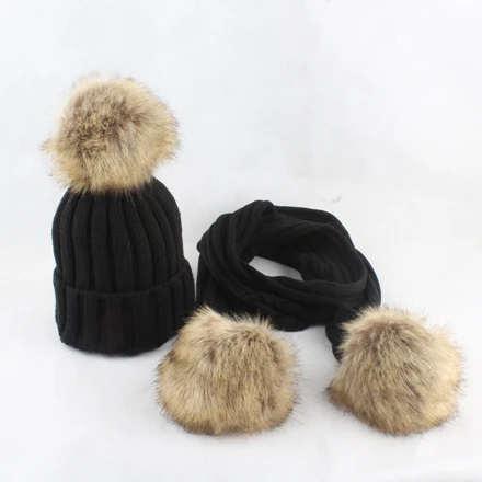black hat scarf HEALCOLD/шапка для мальчиков и девочек, комплект шарфов, детская шапка с меховым помпоном, зимний шарф, шапка для детей - Цвет: black hat scarf