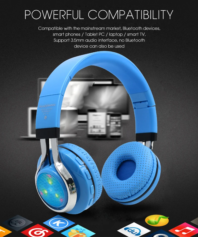 Светящиеся стерео шлем Аудио Bluetooth наушники Беспроводная большая гарнитура спортивные наушники микрофон светодиодный светильник TF FM для ПК телефона
