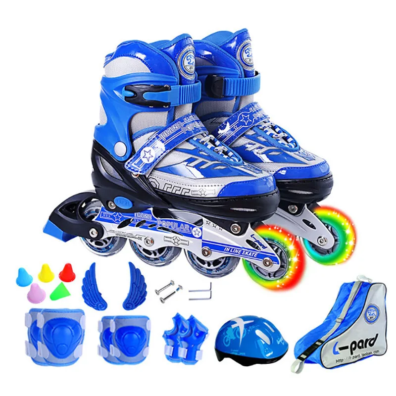 Blue L EUR 39-42 Новые детские Обувь с дышащей сеткой, подшипники для роликовых Инлайн Коньков обувь для роликов, скейтборда шлем коленей Шестерни Регулируемый Моющиеся колёса из полиуретана для роликовых коньков, для подростков - Цвет: Blue L EUR 39-42