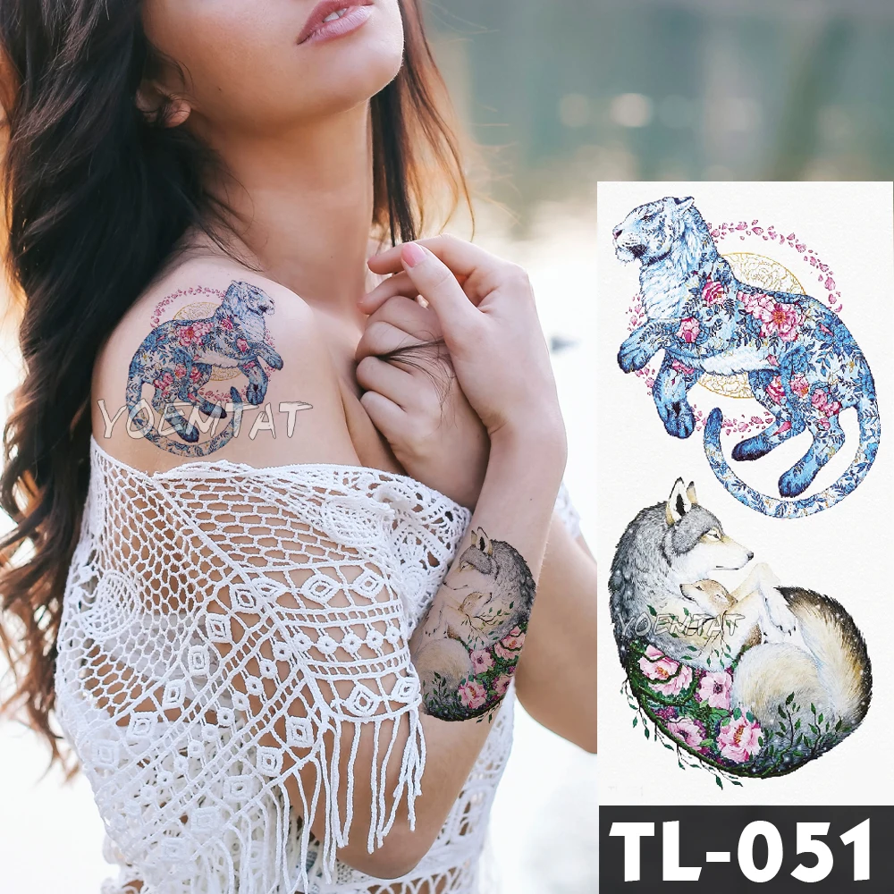 

Water Transfer Flower around blue tiger Temporary Tattoo Sticker Forest wolf Pattern Waterproof Fake Flash Tattoo for men women
