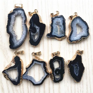 Black agate Горячее предложение! Распродажа! Натуральный бразильский гальванизированный обрезной ломтик открытые агаты Geode Drusy Druzys подвески для ожерелья женские ювелирные изделия изготовление 5 шт - Окраска металла: Black agate