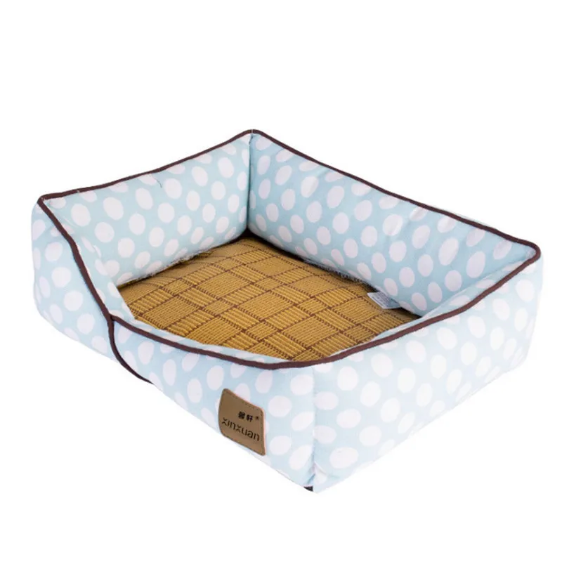 Light Blue Dots Кровати для собак для маленьких средних собак летний охлаждающий соломенный коврик кровать для домашних животных клетчатая кровать для собак Cuddler моющийся холст Конура диван - Цвет: Light Blue Dots