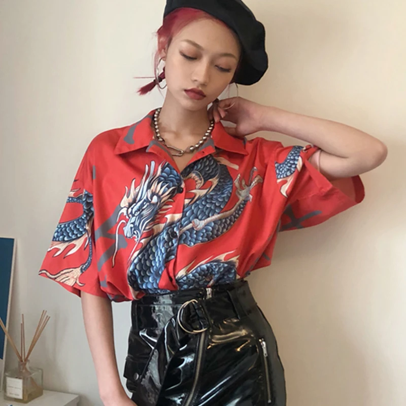 Cheerart harajuku блузка женская летняя рубашка дракон принт streetwear топ женский красная с