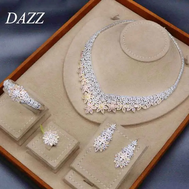 Dazz Роскошный цветок ожерелье серьги, кольцо, браслет 4 шт нигерийские Свадебные Ювелирные наборы африканская Невеста для женщин обручальное украшение