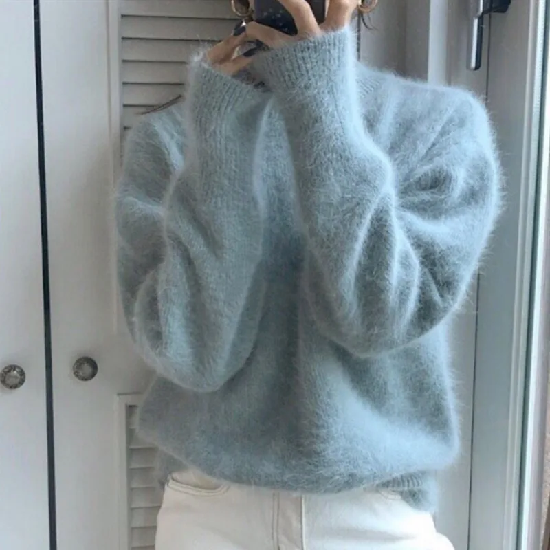 Chic Soft Solid Color Woman Knit Sweaters Round Collar Loose Casual Long Sleeve Women Pullovers 2020 Autumn Winter Clothes blue | Женская