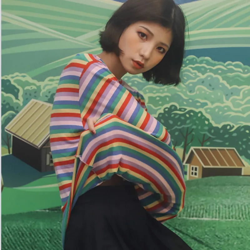 Woherb, корейские Футболки с длинным рукавом, женские студенческие футболки, модные Harajuku радужные полосатые тонкие рубашки, Стрейчевые вязаные футболки