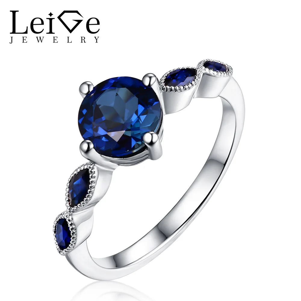

Leige Jewelry Round Cut Blue Sapphire Engagement Ring Prong Setting 925 Sterling Silver Rings for Women Wedding Christmas Gift