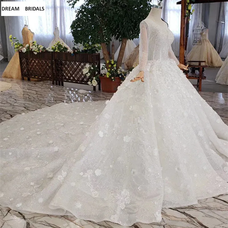High Quality Ball Gown Luxury Vestido De Noiva 2019 Long Sleeves Heavy Beading Sequined Flowers Wedding Dresses Custom Made