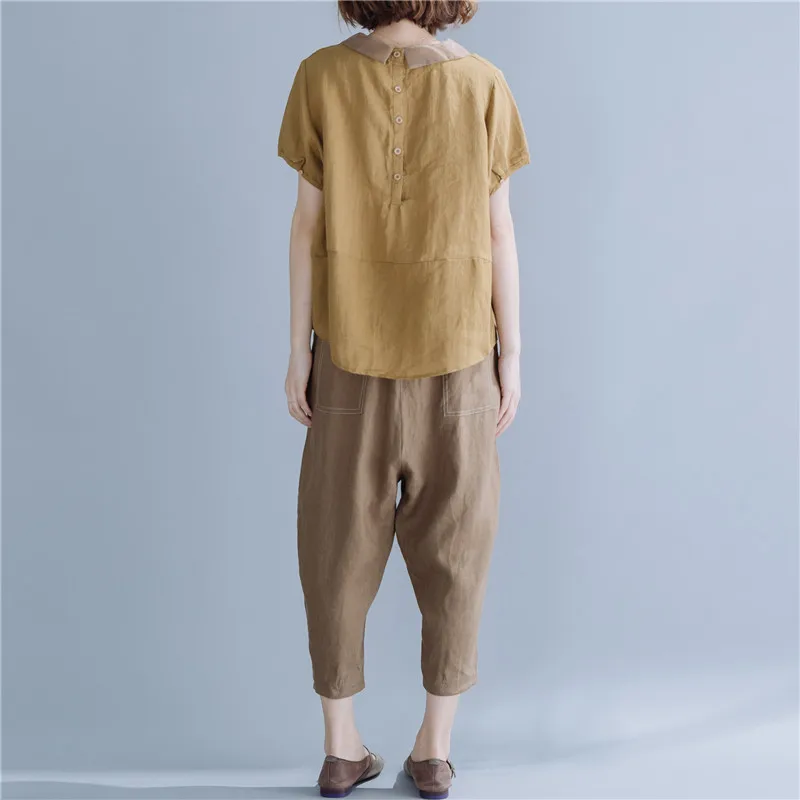 Женская блузка с коротким рукавом Johnature Повседневная Свободная Однотонная