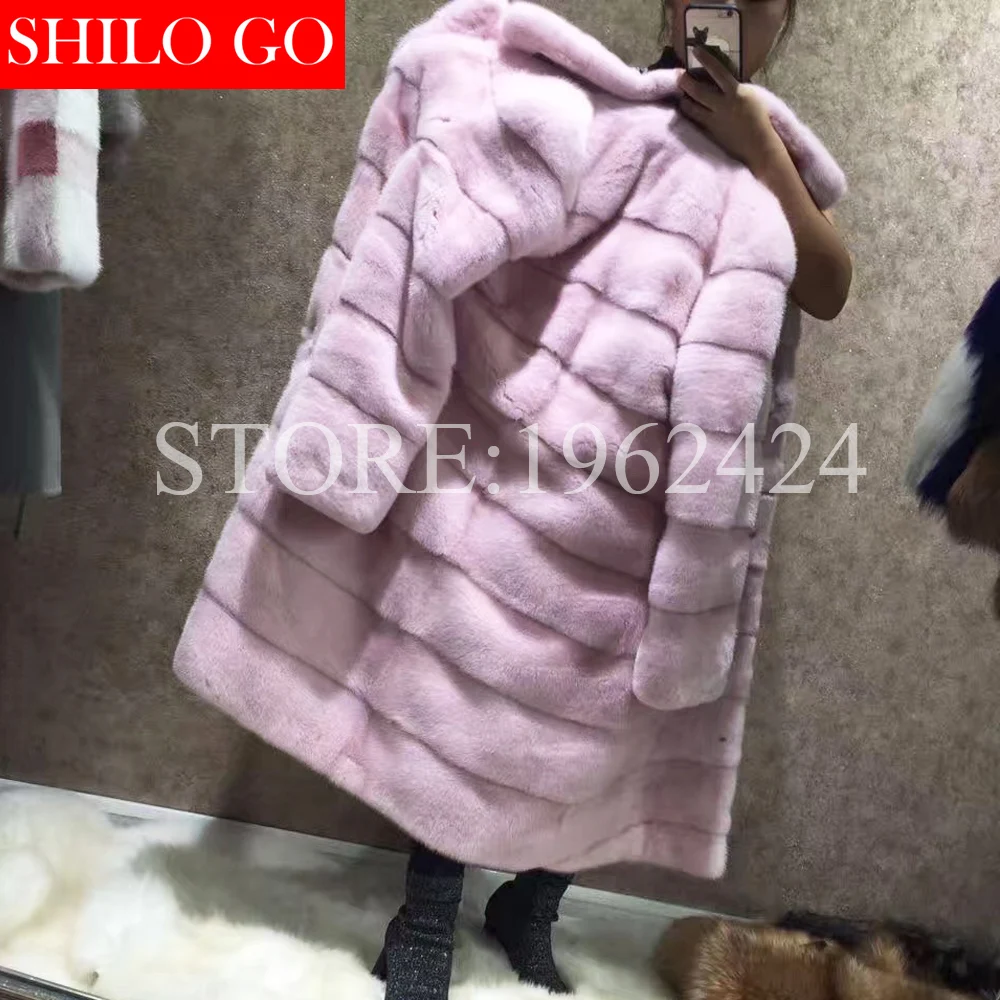 

Winter new fashion women high-quality luxury velvet peach powder lapel long section of imported whole mink fur coat pink