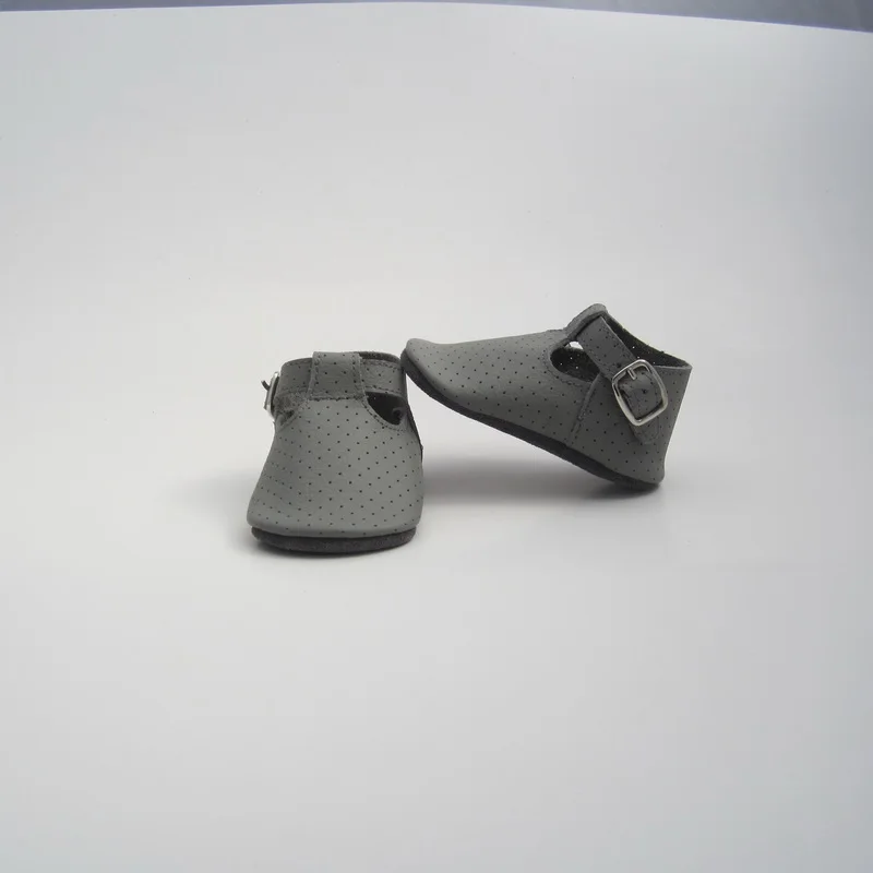 Серый отверстия Geninue кожа t-бар детские мокасины | Первая обувь