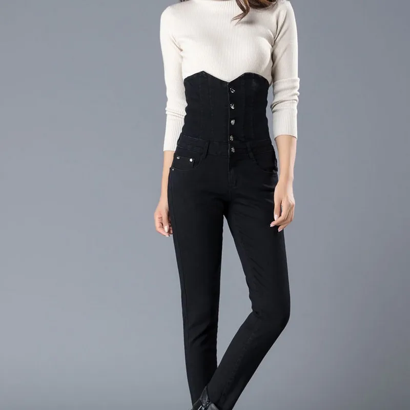 Женские джинсы с высокой талией однобортный дизайн большие размеры 26 34