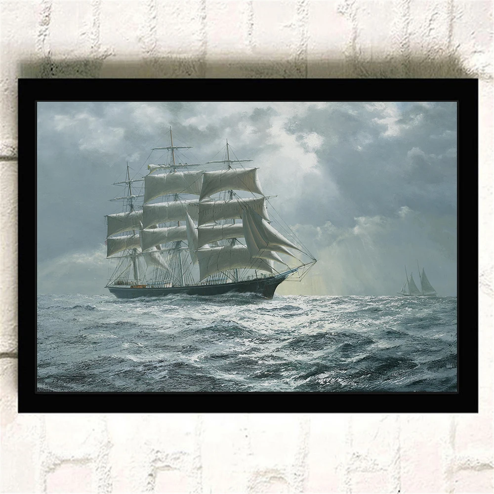 Vintage Noridc High Quality Silk Painting about Ship Sailboat Poster Wall Pictures for Living Room Kids Room Decoration Cuadros - Цвет: Черный
