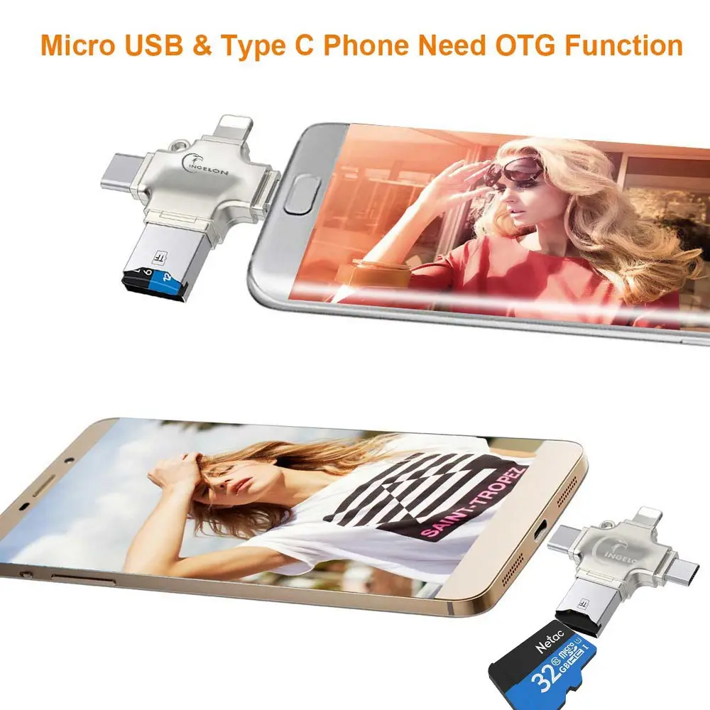 Ingelon 4 в 1 кардридер usb-C Micro USB MicroSD Тип C кардридер для Android ipad/iphone 7plus 6s5s MacBook OTG TF SD ридер