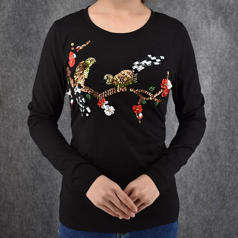 Наиболее модная коллекция 2016 года Зимняя женская футболка с блестками птица