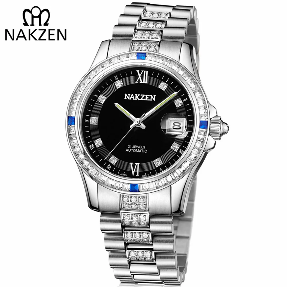 black Мужские автоматические механические часы от бренда NAKZEN, роскошные часы с бриллиантами из нержавеющей стали, браслет 21 Jewels, японские мужские часы Miyota Move t - Цвет: black