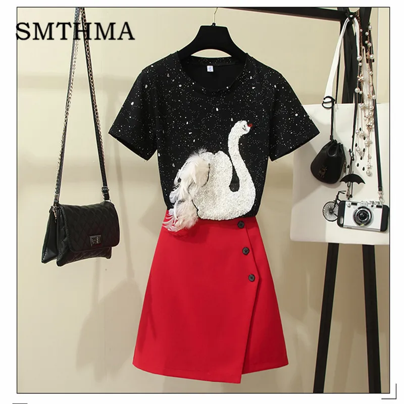 Photo Color SMTHMA размера плюс для женщин 3xl 4xl 5xl черная футболка с коротким рукавом и блестками+ красные юбки комплект одежды из 2 предметов - Цвет: Photo Color