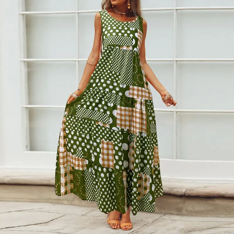 Повседневное Макси платье женское летнее без рукавов в горошек Бохо синее модное