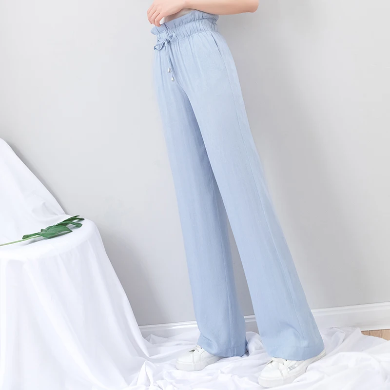 2019 летние тонкие широкие брюки женские синие хлопковые с высокой эластичной