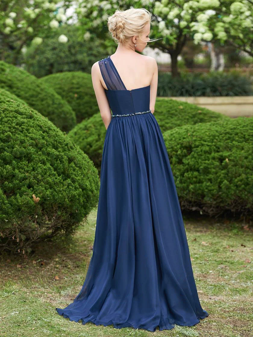 В наличии! Robe demoiselle d'honneur темно синие платья подружек невесты с одним плечом
