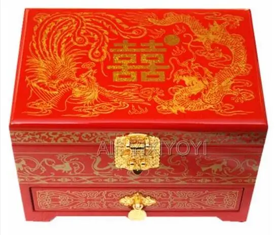 Chinese 3 Layer Wood Storage Dragon Phoenix Jewelry Box with Mirror Wedding Bangle Jewellery Display Box Container Carrying Case
