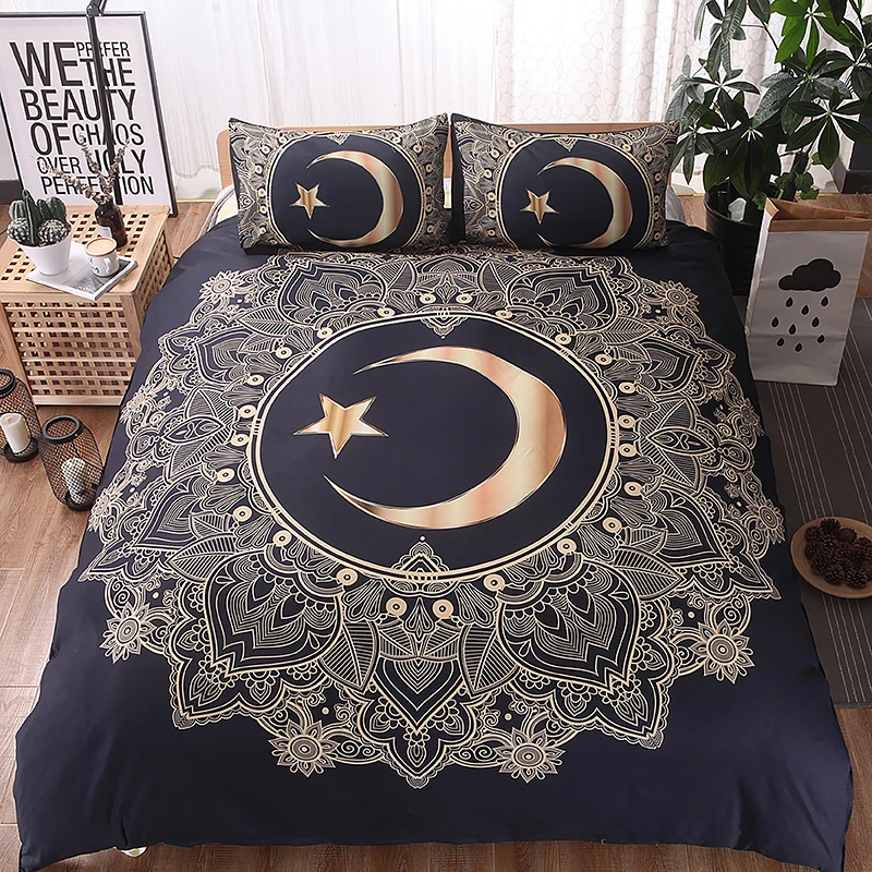 Gold Moon 3D Dreamcatcher Feathers Print Bedding Set Bohemian Gold Moon Star Duvet Cover Set Bull Head Horn Bedclothes with Pillowcase - Цвет: Gold Moon