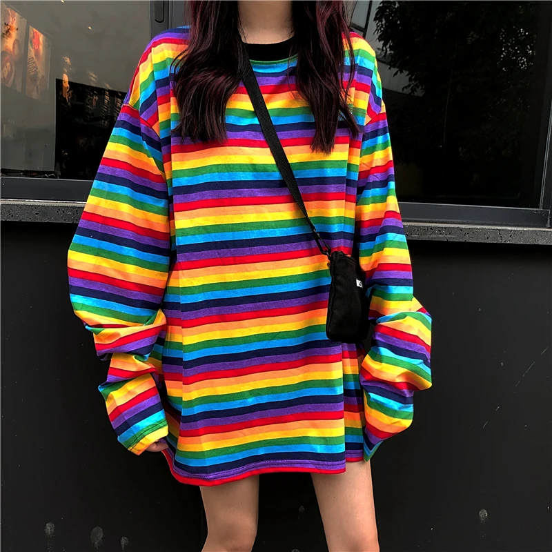 Neploe/Винтажная Футболка для женщин, радужные полосатые рубашки, Harajuku, хип-хоп, уличная, Корейская, длинный рукав, BF, Длинные футболки, топы 39856