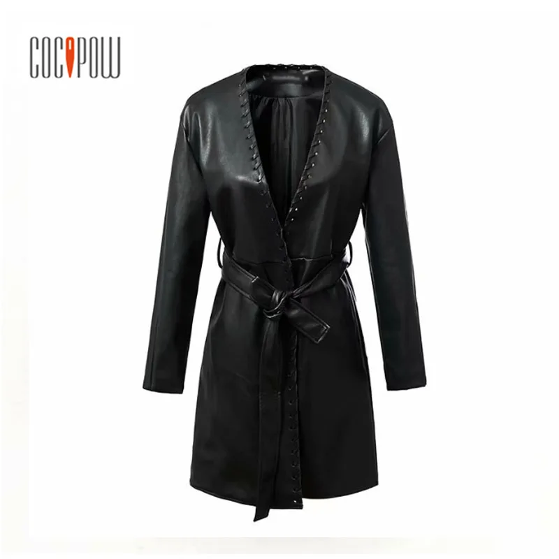 Для женщин Стильный искусственная кожа куртка с поясом галстук бабочка