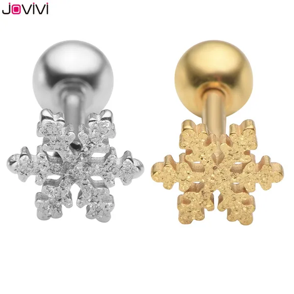 2pcs Mixed Color JOVIVI Мода Снежинка из нержавеющей стали спиральный для хряща Козелок Уха серьги гвоздики 16Ga пирсинг ювелирные изделия серебро/золото цвет - Окраска металла: 2pcs Mixed Color
