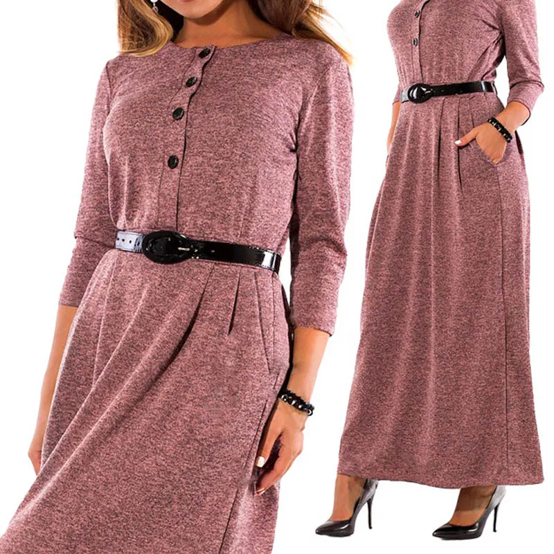Женское платье с поясом Осеннее/зимнее длинным рукавом однотонное карманами