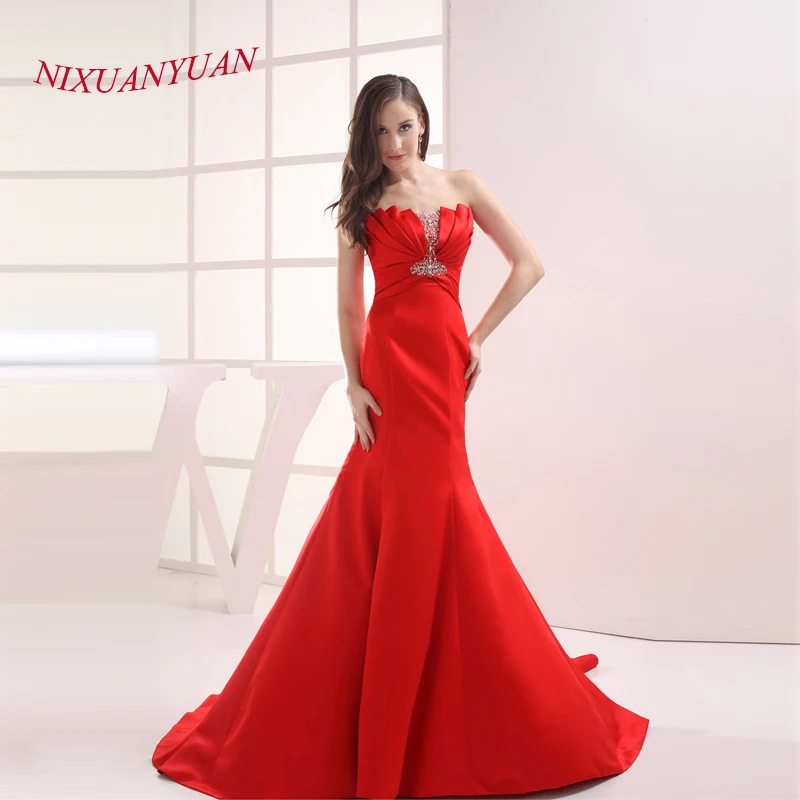 Женское атласное свадебное платье It's yiiya красное простое с бусинами на лето