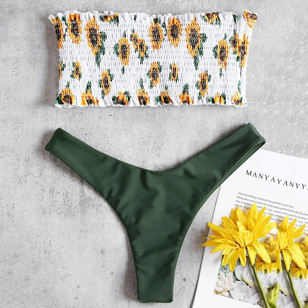 ZAFUL Бандо Подсолнух Копченый Стринги Shirred Женщины Набор Летний Пляж Две Части Наборы Новая Мода Женский Костюм Одежда