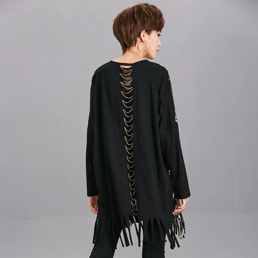 Tide brand women's spring and autumn new printing letters 200 fat MM large size tassel ladies sweater long-sleeved T-shirt | Женская
