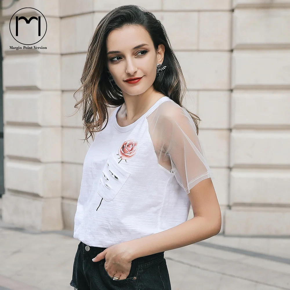 Маржа белая футболка Для женщин Лето Забавный хлопковая Футболка Femme сетчатый