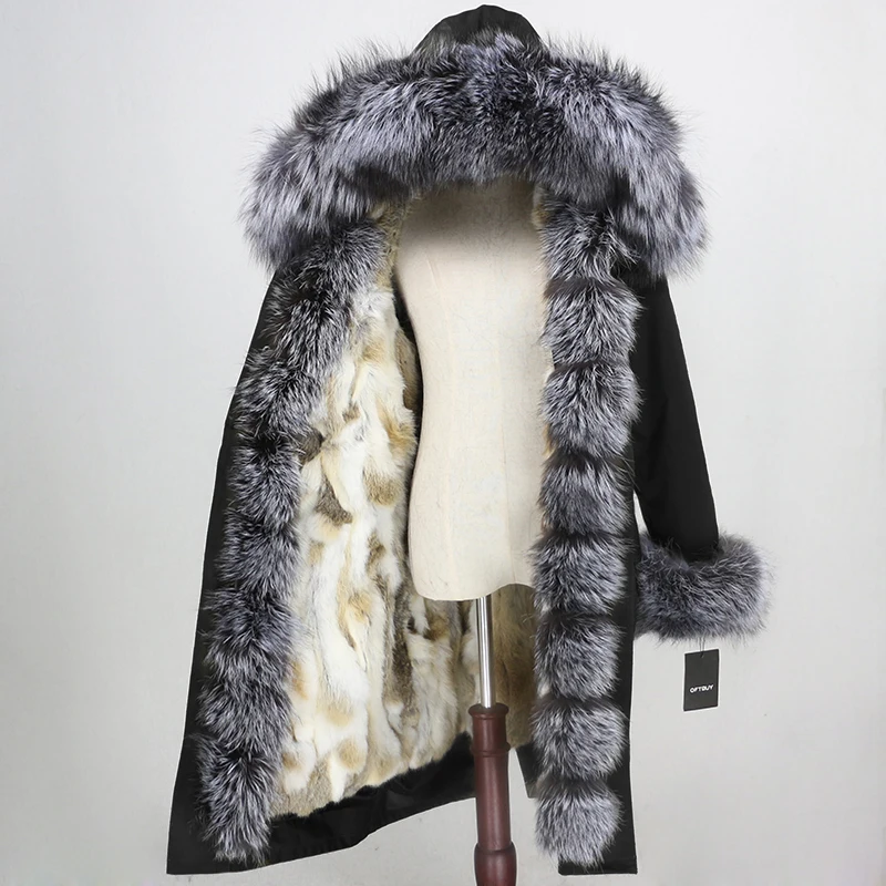 black silver OFTBUY Водонепроницаемая парка X-long натуральное меховое пальто зимняя куртка женская натуральный Лисий мех воротник капюшон Подкладка из натурального кроличьего меха уличная одежда - Цвет: black silver