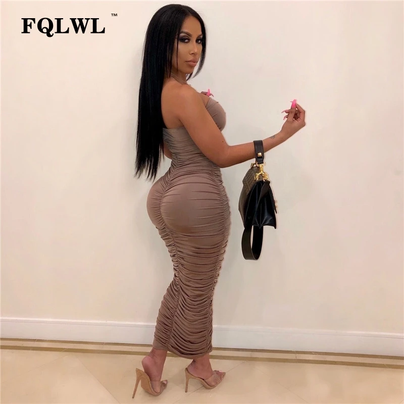 Женское длинное платье с открытыми плечами FQLWL облегающее Плиссированное Платье