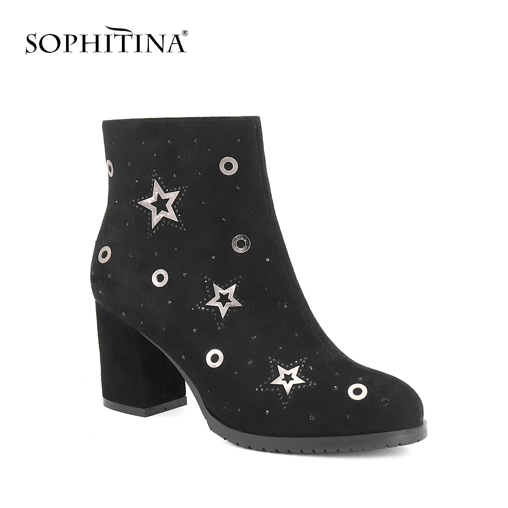 SOPHITINA New Women' s Ankle Boots Elegant Round Toe High Heels Sheepskin Shoes Quality Warm Short Plush Party M80 | Обувь
