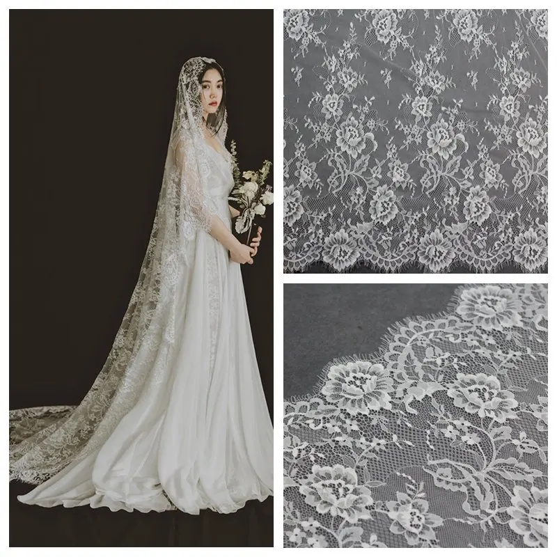1.5 Meters Wide Noble Style Eyelash Lace Fabric DIY Wedding Veil Apparel Fabrics White Black Exquisite Lace Trim