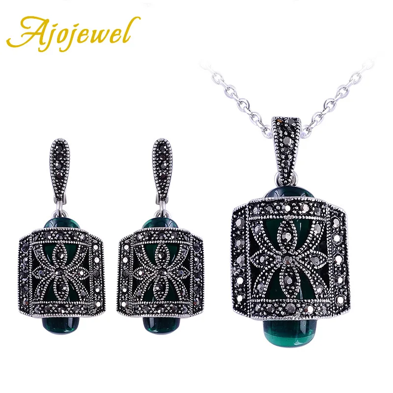 Ajojewel Модные Винтажные каучук зеленого цвета камень Ювелирные наборы полые