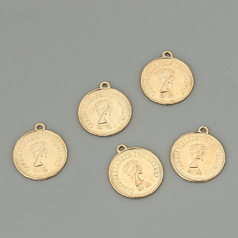 

20pcs Gold Tone Round QUEEN ELIZABETH THE SECOND Coin Charms Pendants Double-sided Beads DIY Jewelry Findings