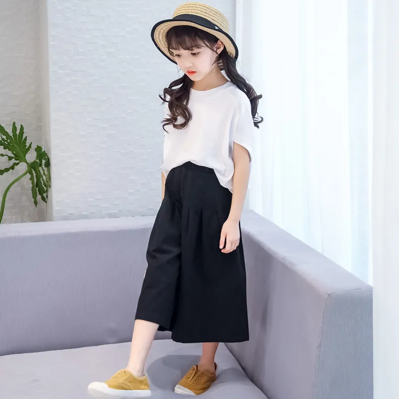 Wide-leg pants sets Одежда для подростков, девочек из хлопчатобумажной ткани, раздел-футболки, с клетчатыми пуговицами, широкие штаны для мальчиков 6 8 10 для детей 12 лет, пижамные костюмы Летний для девочек школьная одежда для подростков комплекты - Цвет: Wide-leg pants sets