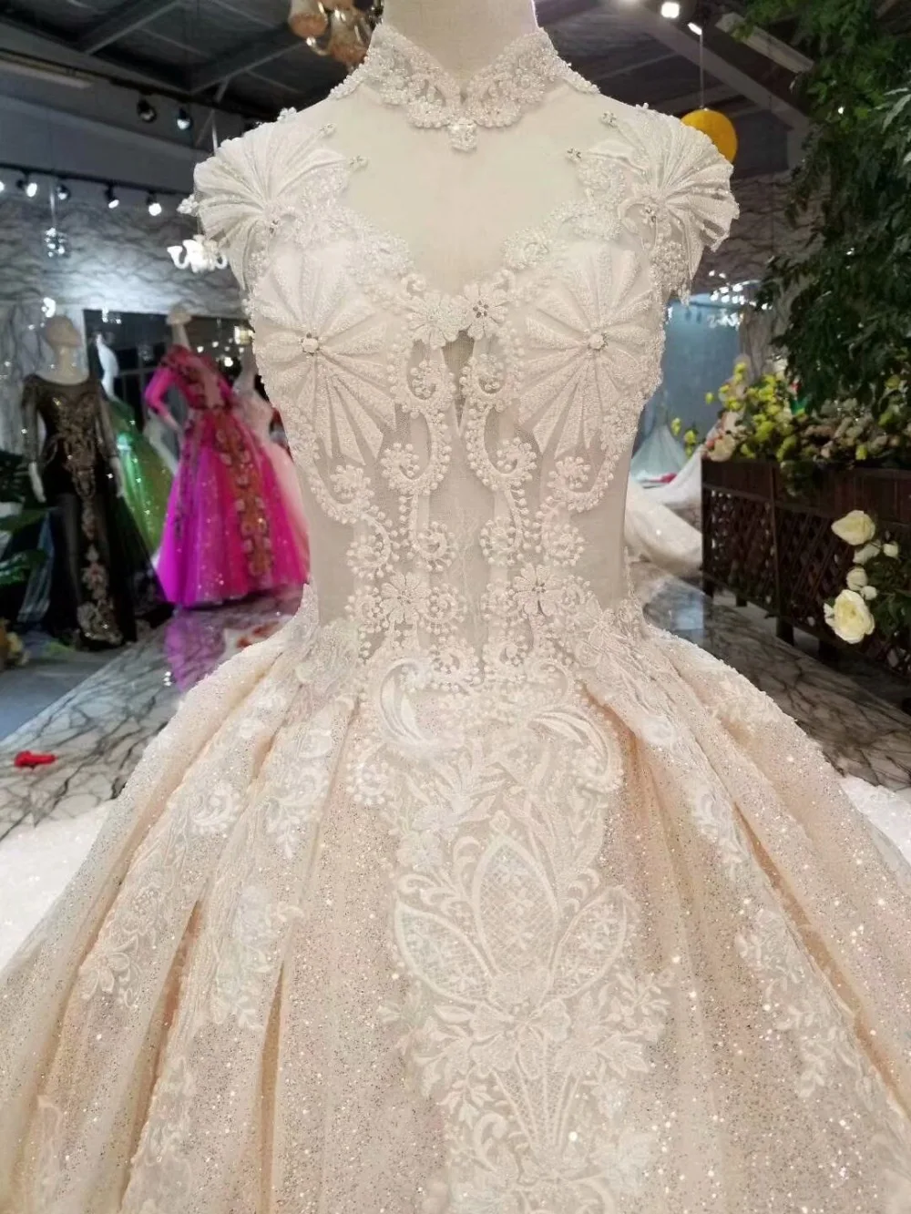 H&ampS BRIDAL Ivory high neck wedding dress ball gown shinny dresses long bride vestido de novia | Свадьбы и торжества