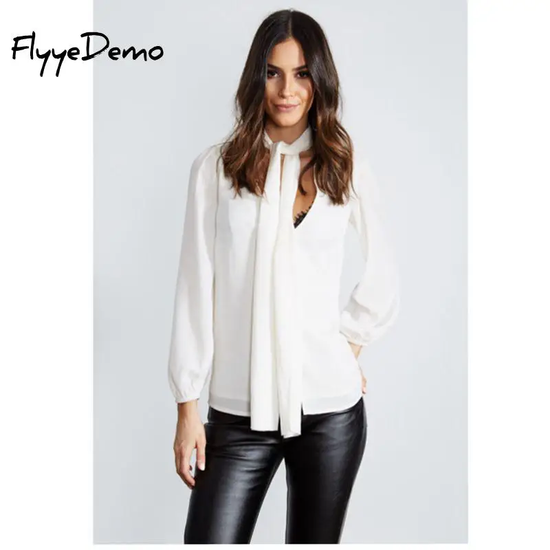 Summer Women Bow Deep V Neck Shirt Female Long Sleeve Solid Color Blouse White Black Tops Chiffon Shirts Loose Blusas | Женская одежда