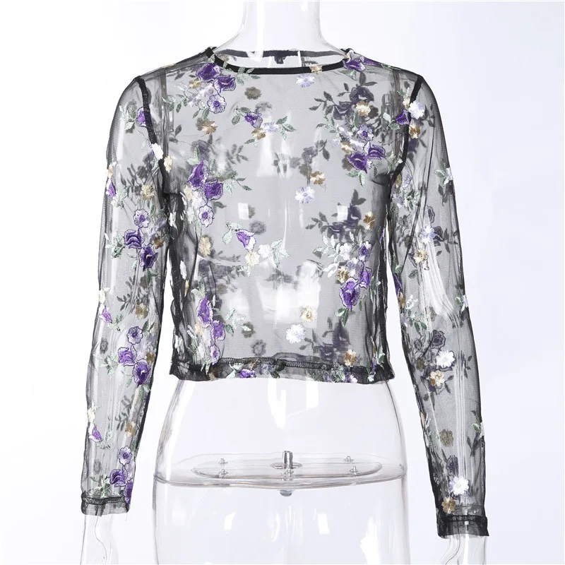 Модные женские черные рубашки с цветочной вышивкой сексуальный прозрачный